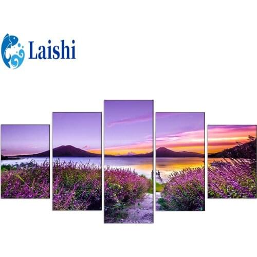 5pcs Diamond Painting Natural landscape, sunset lavender field Art full drill Diamond Picture Mosaic Gift Home Wall Decoration