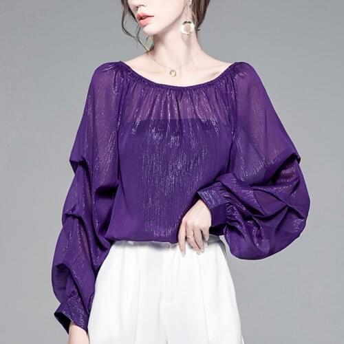 Blusas Feminino Spring Sexy See-Through Chiffon Blouses Elegant Camicia Womens Folds Puff Long Sleeve Purple Office Loose Shirts