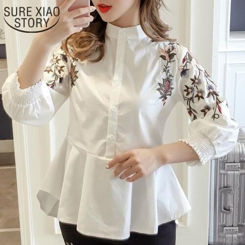 2021 Spring Women Fashion Sweet Women Blouse Embroidery Floral Mandarin Collar Casual Preppy Style Shirts Korean Clothes New