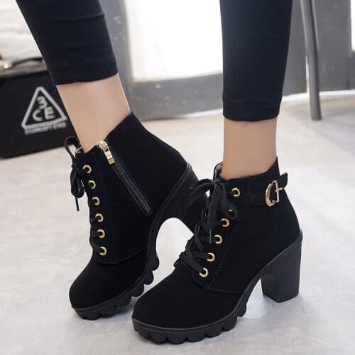 Womens Ankle Boots 2021 Autumn High Heel Belt Buckle Shoes Women Lace Up Platform Boots Women Martin Boots 42 Botas De Mujerv