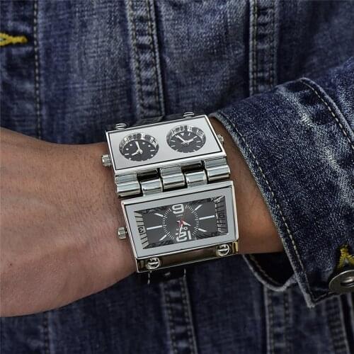 Oulm HP9525 Two Big Dial Unique Mens Watches Three Time Zone Male Sport Watch Casual Leather Men Quartz Wristwatch