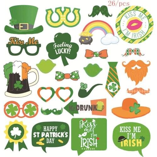 St. Patricks Day Green Four-Leaf Clover Decoration Mask Photo Props Irish Oktoberfest Funny Pipe Beard Photo Supplies mx04