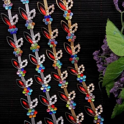 1 yard 2.4 cm Leaves Silver Gold Crystal Rhinestone Trims Applique for Wedding Dresses Sew on Cusack