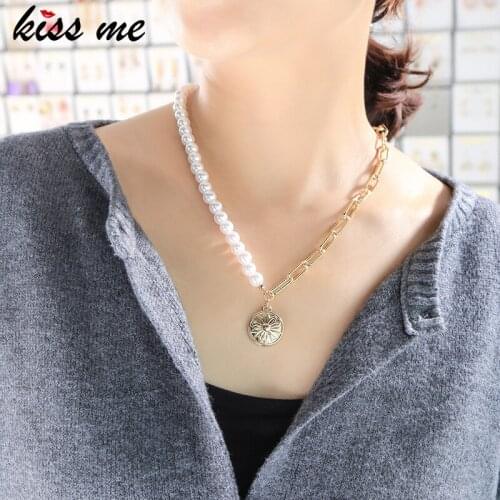 Kissme Splicing Acrylic Pearl Strand Link Chains Round Flower Pendant Necklaces For Women Vintage Style Brass Fashion Jewelry