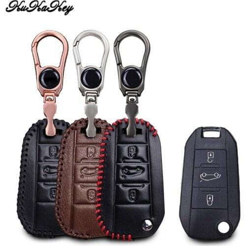Leather Car Key Cover with Metal Keychain For Citroen C4 CACTUS C5 C3 C4L C6 C8 Picasso Xsara For Peugeot 508 301 2008 3008 2017