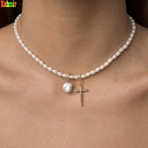 Kshmir 2020 Cross Pendant Chain Necklace for Girls' Party Jewelry Freshwater Pearl New Vintage Baroque Natural Cm Women Punk