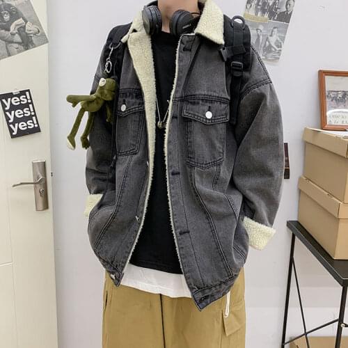 Fall/winter Washed Denim Coat Men’s Padded Warm Loose Lamb Wool Lining Cowboy Jacket Windproof Lapel Pocket Male Clothes