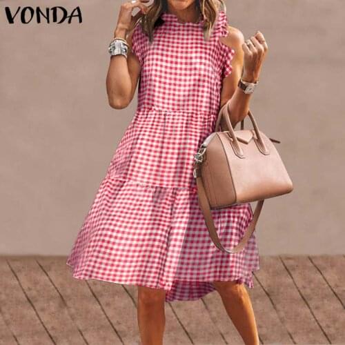 Summer Short Dress Women Holiday Beach Sundress 2021 VONDA Female Vintage Plaid Party Vestidos Sundress