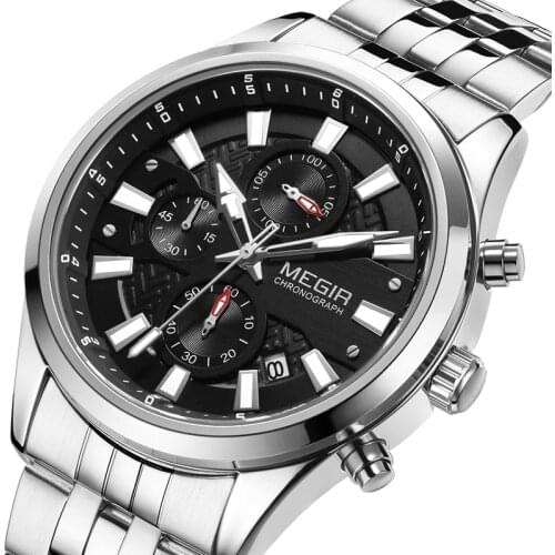 Megir Top Brand 2020 Mens Chronograph Analog Quartz Watch with Date Luminous Hands Waterproof Steel Strap Wristswatch for Man