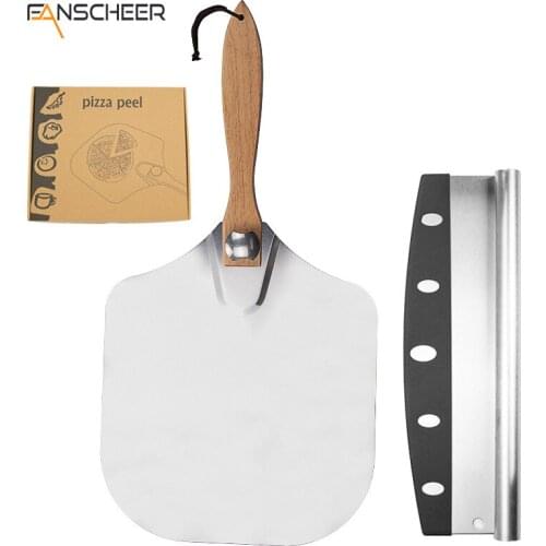 Pizza Peel Tools Set Aluminum Pie Paddle with Foldable Wooden Handle + Rocker Cutter for Baking Slicing