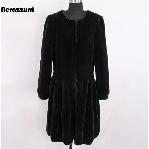 Nerazzurri Winter Warm Black White Pleated Flare Faux Fur Coat Women with Puff Long Sleeve Elegant Luxury Fluffy Jacket 2021
