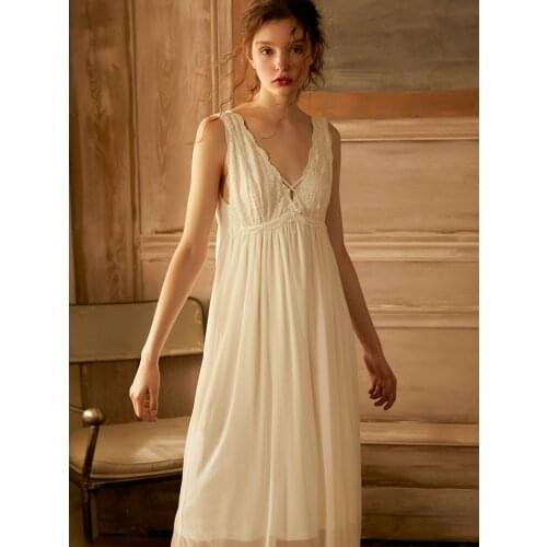 Summer Modal Inner Vintage Sleeveless Sleepwear Elegant Female Princess White Gauze Lace Long Nightgowns Loose Royal Nightwear