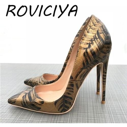 New Color Bronze Feather Leaf Printed Toe 12cm High-heeled Shoes 12 cm Sexy Night Club Wedding Party QP024 ROVICIYA