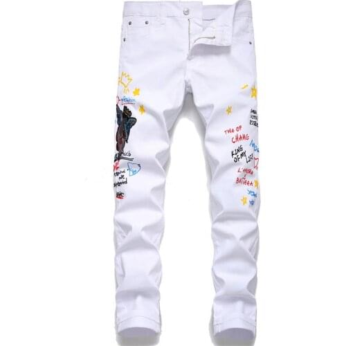 Fall Mens White Pants Jeans Slim Fit Straight Pencil Pants Letter Print Stretch Pants Young Men Fashion Pants Skinny Jeans Men