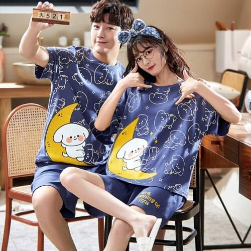 Couple Pajamas Set Summer Femme Male Cotton Cartoon Bear Kawaii Sleepwear Korean Fashion Blue Short Sleeve Couple Homewear Suit