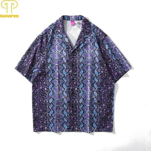 TAVARES Casual Shirts Men Summer Short Sleeve Shirt Purple Leopard Snakeskin Women Hawaii Beach Blouses Hip Hop Vintage Cardigan