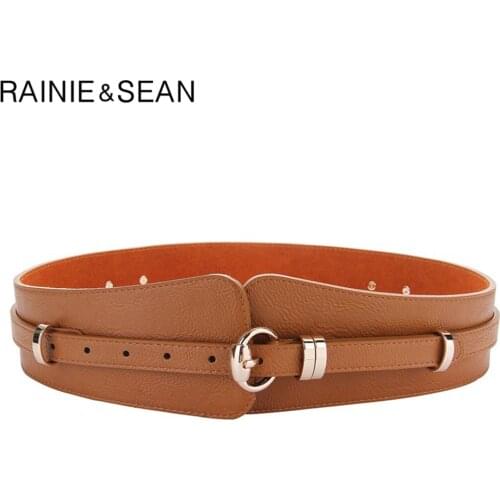 RAINIE SEAN Wide Belts for Dresses Genuine Leather Cummerbunds for Women Brown Black Real Cowskin Vintage Brand Wide Corset Belt