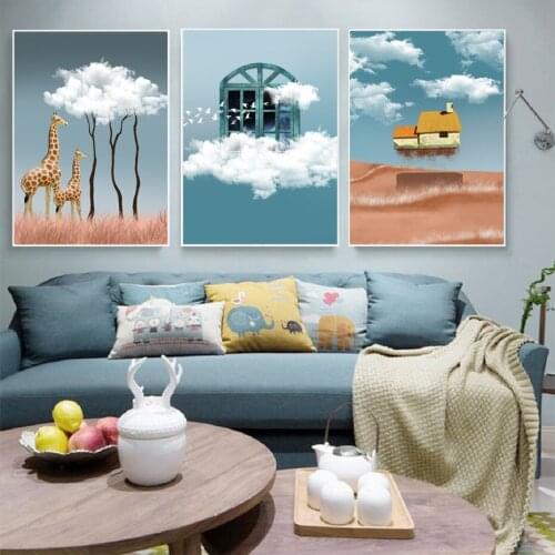 Surreal Modern Light Luxury Clouds Giraffe Flying House Landscape Small Fresh Childrens Room Canvas Decorative Painting Poster