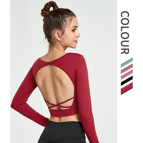 Wpmen Seamless Yoga Tops Backless Yoga Gym Long Sleeve Shirts Fitness Crop Top Workout Sport Shirts with Removable Chest Pads