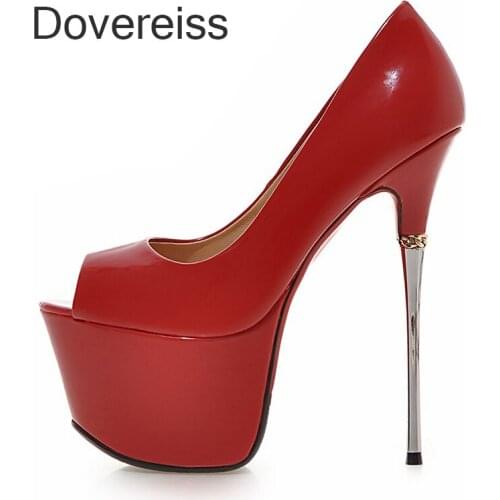Dovereiss Fashion Womens Shoes Summer Pure Color Red Pink Platform Peep Toe Sexy New Consice Stilettos Heels Pumps 32 41 42 43