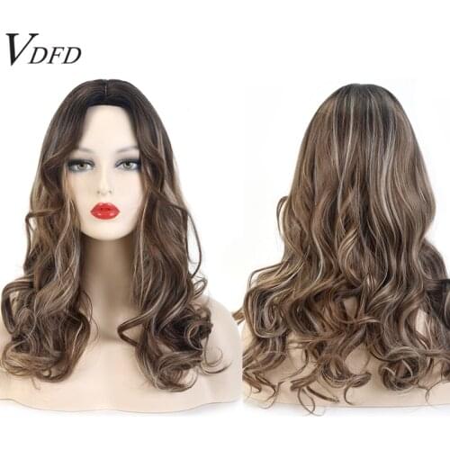 VDFD Long Curly Brown Wig Blonde Highlight Synthetic Hair Cosplay Natural Wave Middle Part for Women Heat Friendly