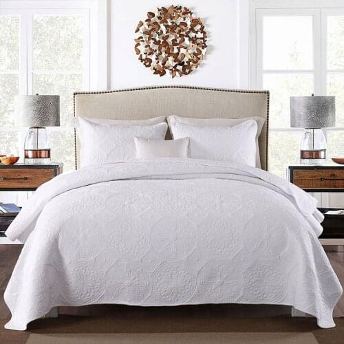 Quality Plain Cotton Bedspread Quilt Set 3pcs Coverlet Solid Embroidered Quilts Bed Cover Pillowcase King Queen Size Blanket