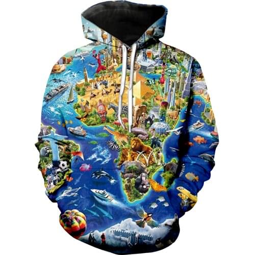 Funny Hipster 3D Print World Map and Animals Men Jacket Men/women Fashion Casual Pullovers Hoodies Boys Streetwear Clothes Tops