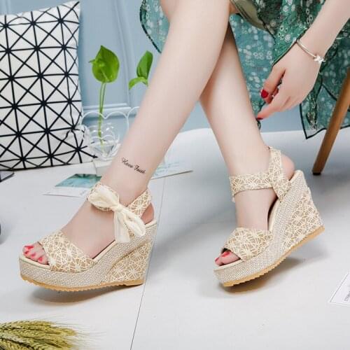 INS Hot Lace Leisure Women Wedges Heeled Women Shoes 2020 Summer Sandals Party Platform High Heels Shoes Woman