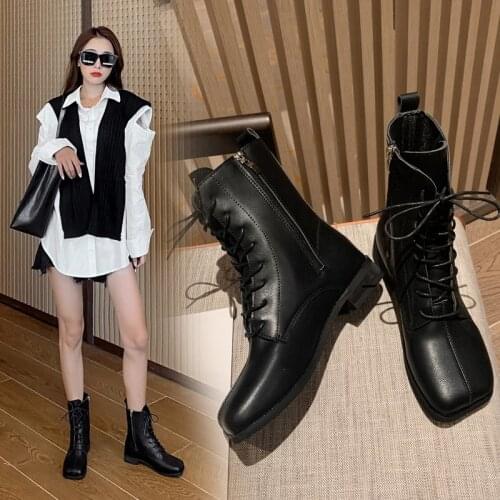 Winter Fashion Ankle Boots Zipper Lace-up Shoes Square Toe Calf Motorcycle Womens Boots Autumn Outdoor Travel Fashion Boots