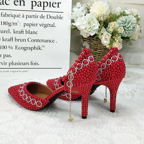 9cm Heel Pointed Toe Women wedding shoes Ankle strap Buckle shoes Pearl Flower party dress shoes RED Beads shoes woman