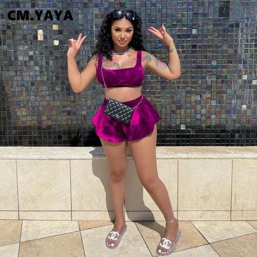 CM.YAYA Women Set Solid Sleeveless Square Collar Crop Tanks Tops Loose Shorts Two 2 Piece Sets Sexy Tracksuit Summer Outfit 2021
