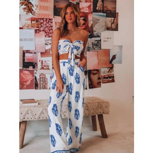 Women Two Piece Sets 2021 Summer Bohemian Print Tute Crop Tops and Loose Wide Leg Pants Tracksuit 2pcs Pant Sets Female