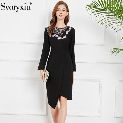 Svoryxiu Fashion Autumn Woman Black Blue Elegant Half Pencil Dress O-Neck Slim Flower Embroidery Diamond Asymmetrical Dresses