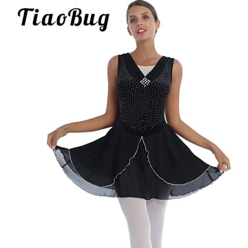 Women Rhinestone Dance Dress Velvet Mesh Patchwork Leotard Dresses Figure Skating Gymnastics Stage Costume Elegant Ballerina New