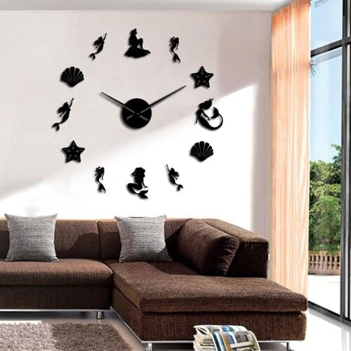 Acrylic Mirror Wall Clock 3ddiy Cartoon Mermaid Creative Home Decor Wall Clock