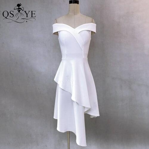 White Short Prom Dresses Off Shoulder Evening Gown A Line Stretch Party Formal Gown Ruffles Women Short Dress Lapel Neck Vestido