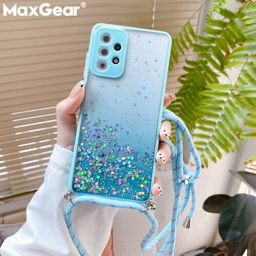 Hang Neck Strap Lanyard Glitter Clear Case For Xiaomi Redmi Note 10S 9S 10 9 8 Pro K40 Mi POCO M3 F3 X3 NFC Soft Silicone Cover