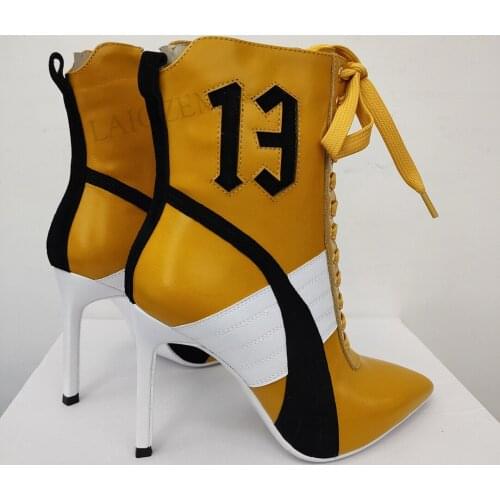 LAIGZEM Women Quality Ankle Boots LEATHER Lace Up Zip Up 9.5CM Heels Boots Patchwork Shoes Woman Botas Shoes Big Size 38 41 43