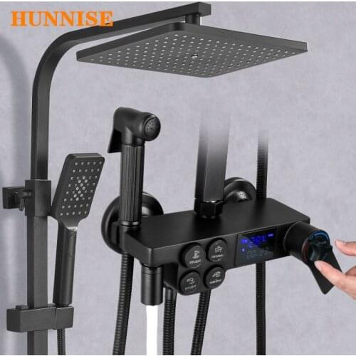 Digital Bathroom Shower Set , Thermostatic Shower with 10 Inch Rainfall Shower Head Black Bronze Digital Bath Shower Mixer Set