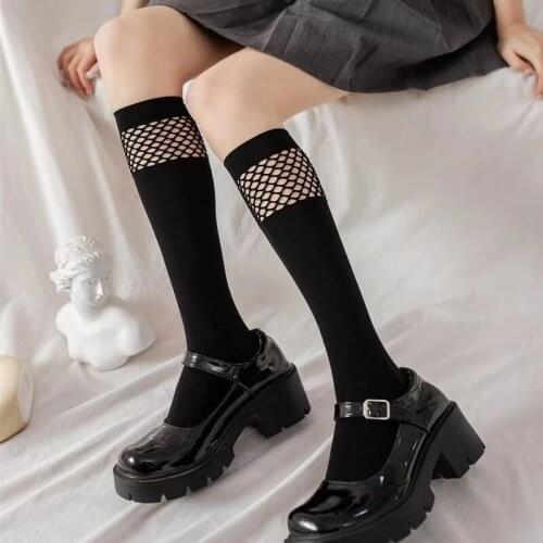 Long Socks Women Stockings Fashion Fishnet Knee Solid Sock Cute Sweet Girls Campus Student Mesh Black Harajuku Gothic Stockings