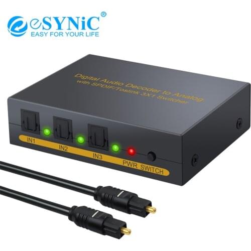 ESYNiC Digital To Analog Audio Converter 3 Port Optical SPDIF Toslink To L/R RCA 3.5mm Stereo Audio Converter DAC Adapter