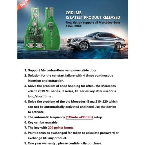 HKOBDII CGDI MB Keys for Mercedes-Benz Van Power slide door Automatic 315mhz-433mhz Setup with 200 points Bouns Reusable Key
