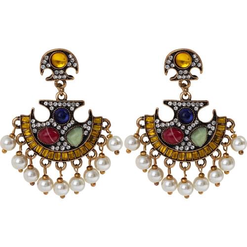 Fashion New Exaggerated Antiqued Gold Color Rhinestone Simulated Pearl Beads Tassel Drop Earrings For Women Jewelry