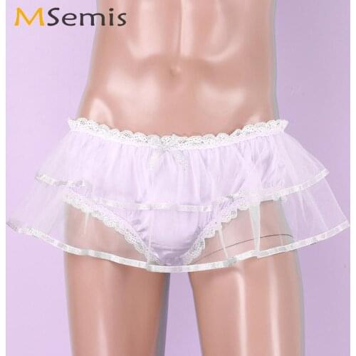 Mens Sissy Underwear Mid Rise Smooth Satin Culotte Briefs Sexy Double Mesh Layers Lace Trim Panties Homme Gay Jockstrap Knickers
