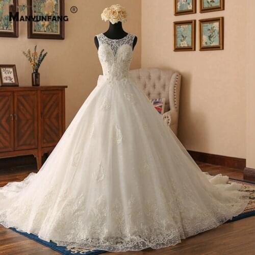 Real Photo Luxury Cathedral Train Crystal Wedding Dress Elegant O-Neck Sleeveless Embroidery Appliques Illusion Back Bridal Gown