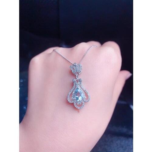 New natural aquamarine pendant 925 silver ladies necklace Chinese style retro design luxury fashion