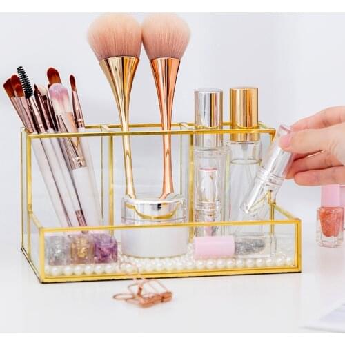 New Clear Glass Gold Makeup Storage Case Nail Polish Rack Lipstick Cosmetic Storage box Holder Makeup Brush Organizer