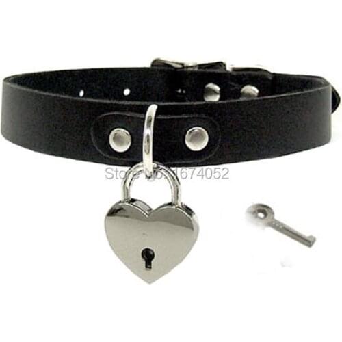 Sexy Punk Rock Harajuku Fashion Safe Heart Lock Key Kitten Play BDSM Fetish Handmade Collar, Leather Choker Necklace