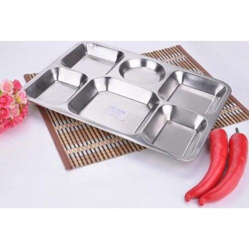 27*38cm Stainless Steel Fast Food Tray Restaurant Hotel Service 6-Grid Rectangular Dish Kitchen Canteen Dining Plate