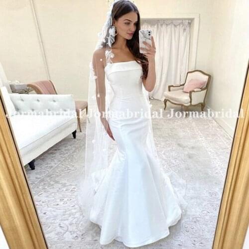 Simple Mermaid Wedding Dress For Women Robe De Mariee Strapless White Satin Floor Length Bridal Dresses Formal Gowns Custom Made